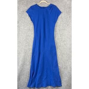 Autograph Linen Maxi Dress Womens 10 Blue Cap Sleeve Minimal Coastal Resort NEW